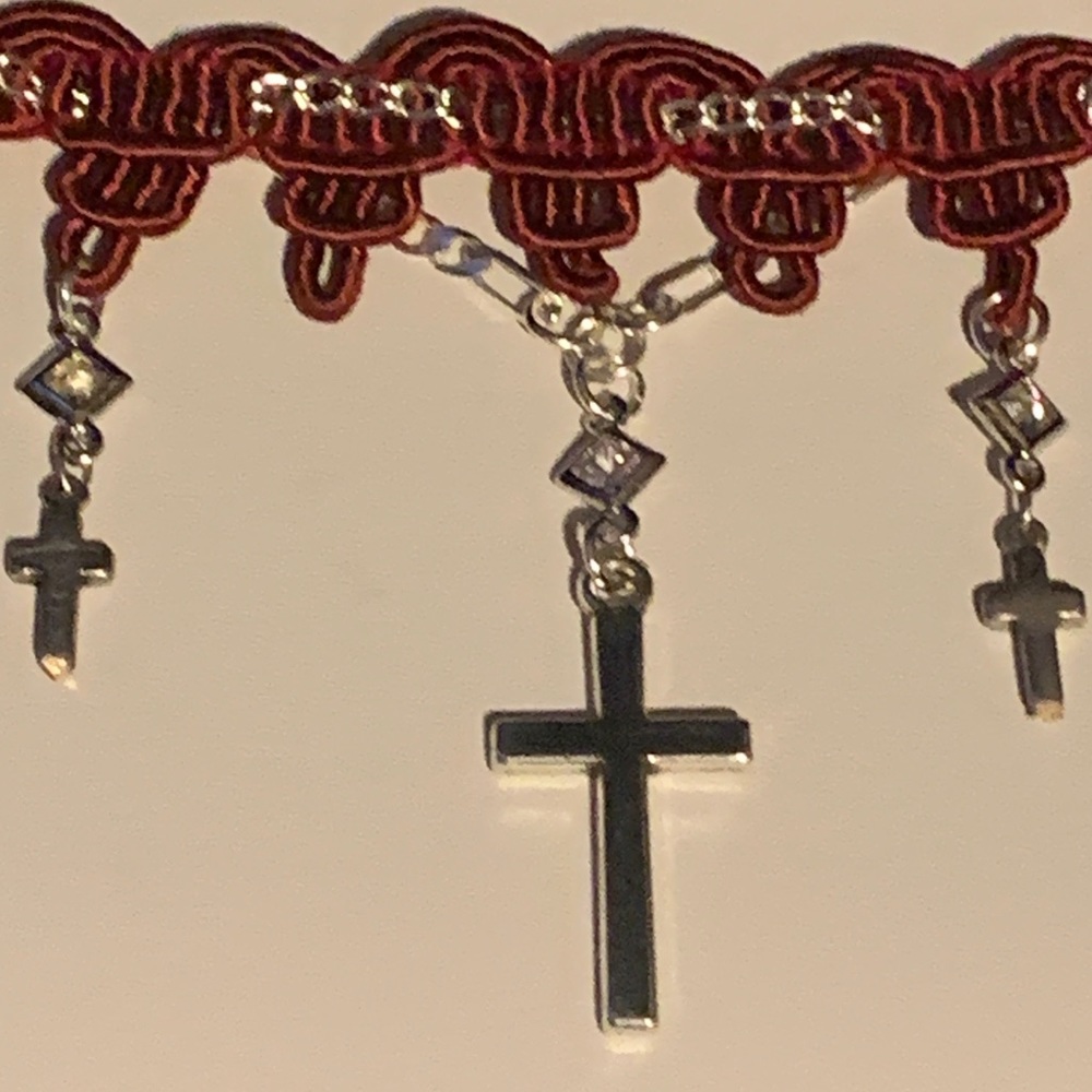 O.O.A.K. Red Ribbon Silver Rhinestone Cross Choker - Picture 2 of 13